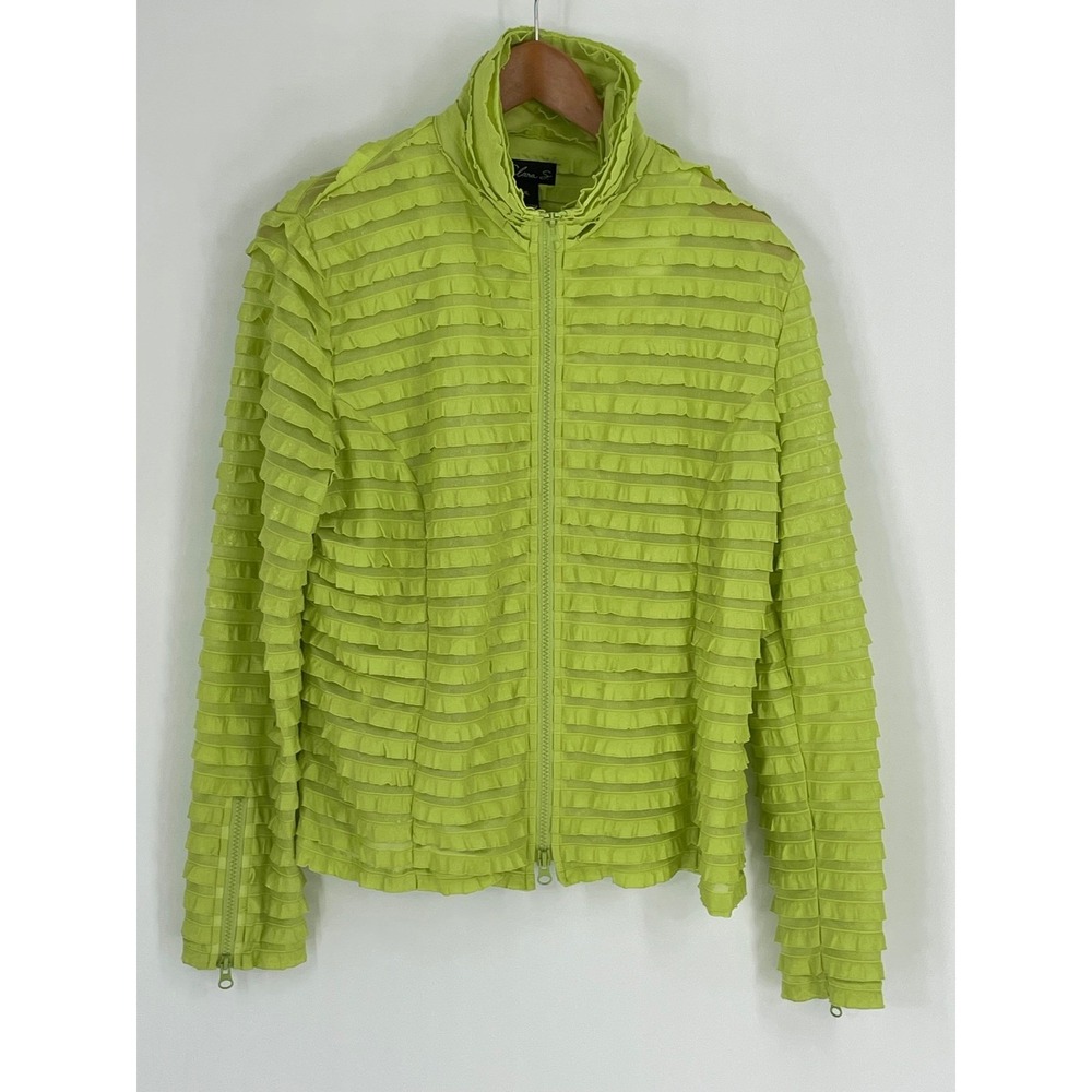 Clara S Women XL‎ Jacket Lime Green Ruffle Tiered Zip Up Mesh Top